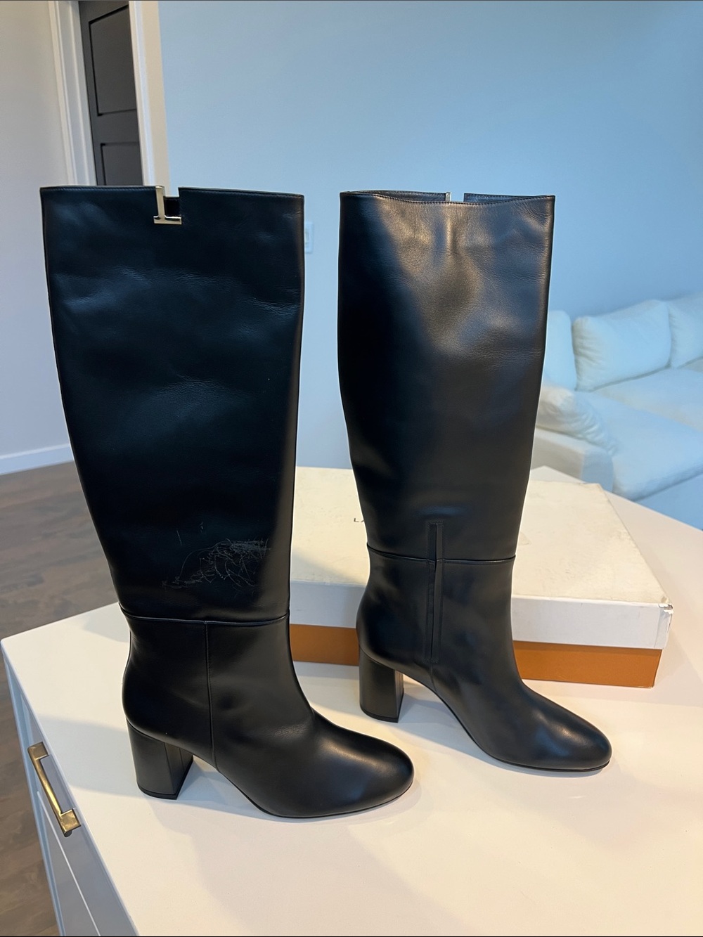 Lafayette 148 New York black leather long tall knee high block heel boots 39